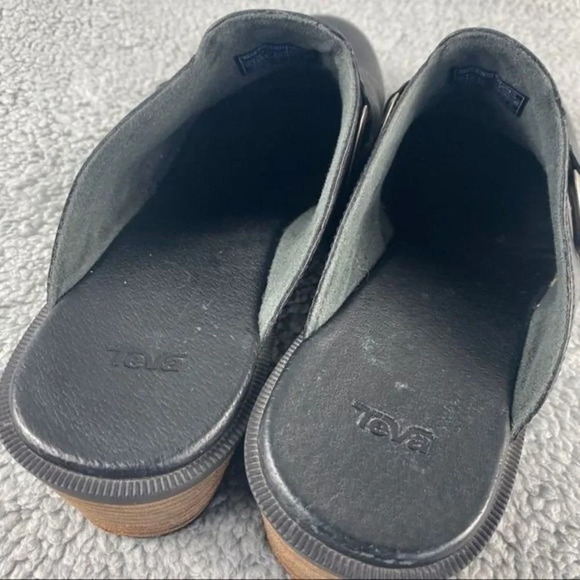 Teva foxy womens 10 Clogs Casual Mule Sandals Black Leather Block Heels Slip on‎ - Picture 10 of 12